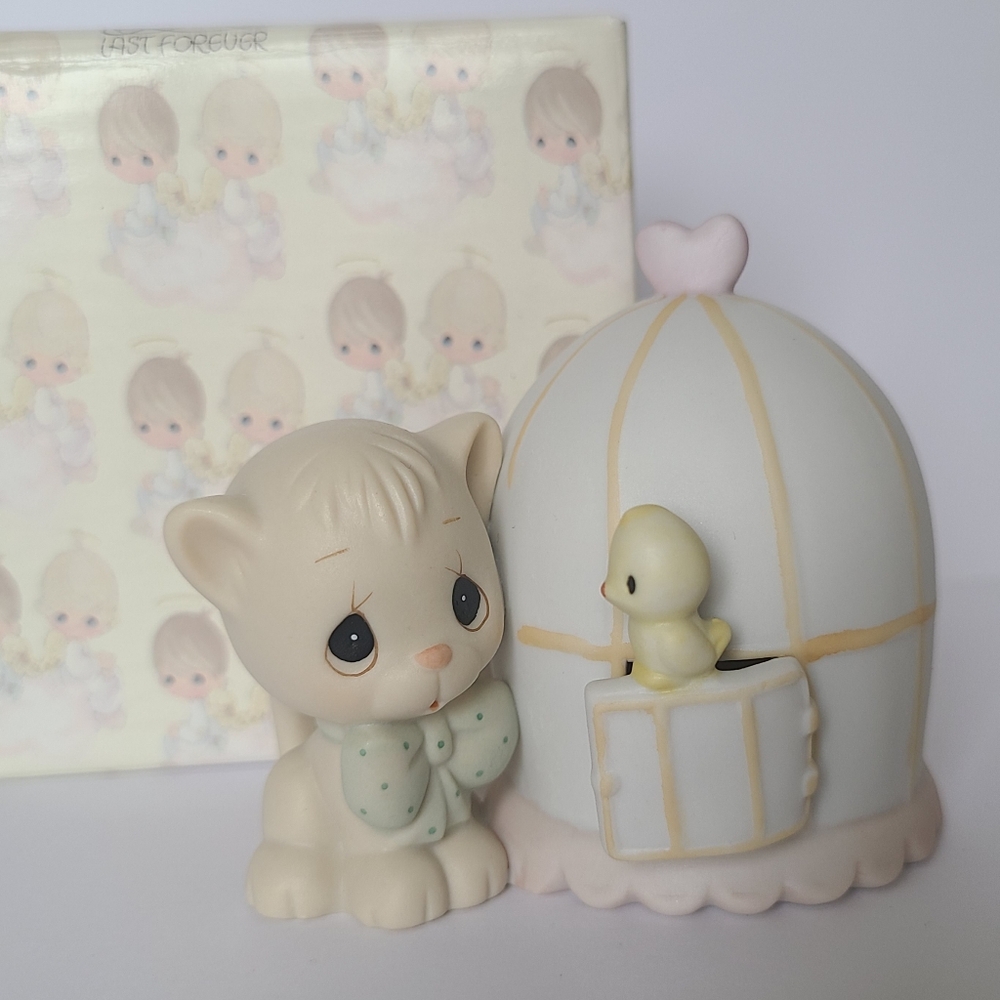 Vintage 90s Precious Moments Cat Bird Collectible Porcelain Figurine